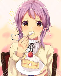Rule 34 | 1girl, bad id, bad pixiv id, beige shirt, black ribbon, blush, brown eyes, cake, cake slice, chair, closed mouth, emphasis lines, food, fork, fruit, highres, holding, holding fork, holding plate, idolmaster, idolmaster million live!, long hair, long sleeves, looking at viewer, makabe mizuki, owafu, plate, purple hair, ribbon, shirt, sidelocks, sitting, smile, solo, sparkle, strawberry