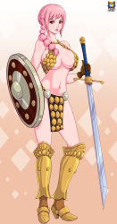 Rule 34 | 1girl, absurdres, armor, bikini armor, braid, breasts, female focus, highres, kyoffie, large breasts, lips, midriff, navel, one piece, pink hair, rebecca (one piece), red eyes, shield, sword, thighs, weapon