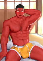 Rule 34 | 1boy, abs, absurdres, arm hair, armpit hair, armpits, bara, black hair, blush, boxer briefs, broken horn, bulge, chest hair, colored skin, demon boy, demon horns, erection, erection under clothes, facial hair, fangs, feet out of frame, green eyes, hairy, highres, hiroki bzdsk, horns, huge filesize, large pectorals, leg hair, looking at viewer, male focus, male underwear, mature male, monster boy, muscular, muscular male, navel, navel hair, nipples, orange male underwear, original, pectorals, red pupils, red skin, short hair, sideburns, sitting, solo, spiked hair, stomach, stubble, thick thighs, thighs, underwear