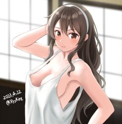 Rule 34 | 1girl, ame-san, armpits, ashigara (kancolle), blurry, blurry background, breasts, brown eyes, brown hair, hairband, highres, kantai collection, large breasts, looking at viewer, medium breasts, smile, solo, twitter username, upper body, wavy hair, white hairband