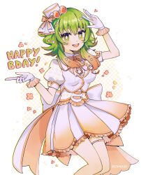 Rule 34 | 1girl, back bow, bow, bright pupils, commentary, gloves, gradient hair, green eyes, green hair, gumi, happy birthday, highres, multicolored hair, necktie, orange hair, orange necktie, puffy short sleeves, puffy sleeves, renkkai, short sleeves, solo, symbol-only commentary, vocaloid, white bow, white gloves, white headwear, white pupils