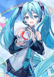 Rule 34 | 1girl, aqua eyes, bare shoulders, detached sleeves, hatsune miku, long hair, looking at viewer, nail polish, open mouth, outdoors, smile, solo, twintails, vocaloid, vs0mr