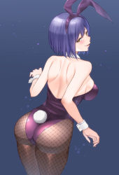 Rule 34 | 1girl, :d, animal ears, ass, back, bare shoulders, black pantyhose, blue background, blush, breasts, fake animal ears, fishnet pantyhose, fishnets, large breasts, leotard, looking at viewer, looking back, mole, mole under eye, nijisanji, open mouth, pantyhose, playboy bunny, purple hair, rabbit ears, rabbit tail, shizuka rin, short hair, sideboob, simple background, skysign ft, smile, solo, tail, virtual youtuber, wrist cuffs, yellow eyes