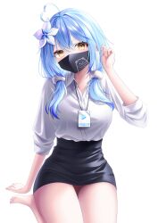 Rule 34 | 1girl, absurdres, ahoge, alternate costume, arm support, bad feet, black skirt, blue hair, collared shirt, colored tips, crossed bangs, dress shirt, hair between eyes, heart, heart ahoge, highres, hololive, id card, long hair, low twintails, mask, mouth mask, multicolored hair, office lady, official alternate hairstyle, pencil skirt, pointy ears, seiza, shira jun, shirt, sitting, skirt, sleeves past elbows, sleeves rolled up, streaked hair, twintails, virtual youtuber, white shirt, yellow eyes, yukihana lamy
