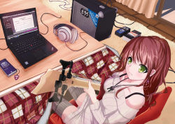 Rule 34 | 1girl, amplifier, bang dream!, bare shoulders, bass guitar, beige sweater, breasts, brown hair, cable, cellphone, cellphone strap, chinese commentary, collarbone, commentary request, computer, cowboy shot, curtains, cushion, earrings, eyebrows hidden by hair, female focus, from above, green eyes, half updo, headphones, highres, holding, holding instrument, imai lisa, indoors, instrument, jewelry, kotatsu, laptop, large breasts, long hair, long sleeves, looking at viewer, necklace, off-shoulder sweater, off shoulder, pedal (instrument), phone, rabbit earrings, rug, shadow, sheet music, sidelocks, sitting, smartphone, smile, solo, striped clothes, striped legwear, striped thighhighs, sweater, table, thighhighs, thinkpad, tianyu jifeng, tile floor, tiles, under kotatsu, under table, vertical-striped clothes, vertical-striped thighhighs, window, window shadow, windows 7