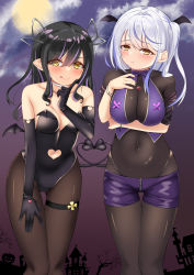 Rule 34 | 2girls, nanashi inc., :p, :t, alternate costume, arm under breasts, black bodysuit, black gloves, black hair, black leotard, black pantyhose, blue hair, blunt bangs, blush, bodysuit, bodysuit under clothes, breasts, cleavage, closed mouth, clothing cutout, commentary request, covered navel, demon girl, demon horns, demon tail, demon wings, elbow gloves, feet out of frame, finger to cheek, full moon, gloves, gluteal fold, hair between eyes, head wings, heart, heart cutout, highres, hiyoku no crosspiece, horns, jack-o&#039;-lantern, kasumasu (tales75), kohaku yuri, kojo anna, large breasts, leaning forward, leotard, long hair, looking at viewer, medium breasts, moon, multicolored hair, multiple girls, navel cutout, pantyhose, pointy ears, purple hair, purple shorts, shorts, smile, strapless, strapless leotard, streaked hair, sugar lyric, tail, thigh gap, tongue, tongue out, two-tone hair, virtual youtuber, white hair, wings, yellow eyes