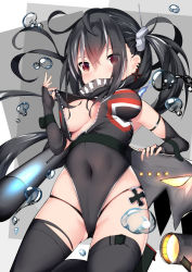 Rule 34 | 1girl, azur lane, bandana, bandana over mouth, black bandana, black gloves, black hair, black one-piece swimsuit, black panties, black thighhighs, blush, breasts, brown eyes, casual one-piece swimsuit, cisyo, commentary request, covered mouth, covered navel, cross, ear piercing, earrings, elbow gloves, fingerless gloves, gloves, groin, hair between eyes, hair ornament, highleg, highleg swimsuit, iron cross, jewelry, long hair, looking at viewer, medium breasts, multicolored hair, one-piece swimsuit, panties, piercing, side ponytail, silver hair, solo, streaked hair, swimsuit, thighhighs, u-47 (azur lane), underwear, unzipped, very long hair, water drop