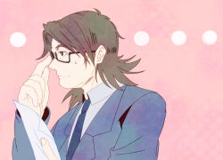 Rule 34 | 1boy, adjusting eyewear, bad id, bad pixiv id, brown eyes, brown hair, business suit, fate/stay night, fate/tiger colosseum, fate (series), flat color, formal, glasses, kotomine kirei, male focus, marock, solo, suit