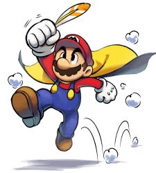 Rule 34 | 1boy, blue overalls, boots, brown footwear, brown hair, cape, cape feather (mario), cape mario, clenched hands, facial hair, feathers, full body, gloves, hat, highres, holding, holding feather, jumping, looking at object, mario, mario &amp; luigi rpg, mario (series), masanori sato (style), mustache, nintendo, overalls, red hat, red shirt, shirt, short hair, simple background, solo, super mario world, white background, white gloves, ya mari 6363, yellow cape
