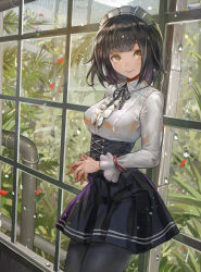 Rule 34 | 1girl, against window, black hair, black pantyhose, black ribbon, black skirt, blouse, blunt bangs, bob cut, breasts, buttons, canking, center frills, cloud, cloudy sky, collared shirt, cowboy shot, day, eyebrows, frills, hairband, high-waist skirt, highres, indoors, industrial pipe, long sleeves, looking at viewer, maid headdress, medium breasts, meme attire, original, pantyhose, parted lips, petals, rain, revision, ribbon, shirt, short hair, skirt, sky, solo, standing, virgin killer outfit, water, white shirt, window, wing collar, yellow eyes