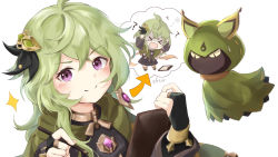 Rule 34 | &gt; &lt;, &gt;o&lt;, 1girl, before and after, bridal gauntlets, capelet, chibi, chibi inset, collei (genshin impact), commentary request, cuilein-anbar (genshin impact), earrings, genshin impact, green hair, hair between eyes, hair ornament, highres, holding, holding pen, jewelry, long hair, long sleeves, looking at viewer, pen, purple eyes, sakura semi, sidelocks, simple background, single earring, smile, v-shaped eyebrows, white background