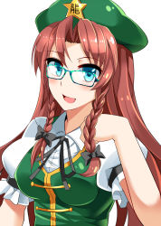 Rule 34 | 1girl, adjusting hair, bespectacled, blue eyes, blush, braid, brown hair, e.o., glasses, green-framed eyewear, hat, highres, hong meiling, long hair, open mouth, solo, touhou, twin braids, upper body, white background