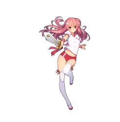 Rule 34 | 1girl, absurdres, bare shoulders, blush, closed mouth, embarrassed, full body, highres, holding, holding sword, holding weapon, long hair, looking at viewer, mary janes, midriff, navel, official art, pink hair, puffy short sleeves, puffy sleeves, red eyes, red shorts, sangai senki, shirt, shoes, short sleeves, shorts, simple background, solo, standing, standing on one leg, sword, thighhighs, weapon, white background, white shirt, white thighhighs, yangsion