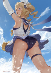 Rule 34 | 1girl, :d, arm up, ass, barbara (genshin impact), barbara (summertime sparkle) (genshin impact), bare shoulders, black one-piece swimsuit, blonde hair, blue eyes, blue sky, blush, breasts, casual one-piece swimsuit, day, detached sleeves, frilled swimsuit, frills, from behind, from below, genshin impact, hat, highres, long hair, long sleeves, looking to the side, official alternate costume, one-piece swimsuit, open mouth, outdoors, running, skindentation, sky, smile, solo, swimsuit, thighs, twitter username, water, wet, wet clothes, white hat, zeradok