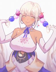 Rule 34 | 1girl, bare shoulders, blonde hair, blue skirt, blush, breasts, closed mouth, dark-skinned female, dark skin, earrings, elbow gloves, gloves, hair ornament, halterneck, highres, holding, holding hair, hololive, hololive english, jewelry, large breasts, lips, long hair, looking at viewer, overskirt, planet hair ornament, sher (imnotsher), sidelocks, single earring, skin tight, skirt, smile, solo, tsukumo sana, tsukumo sana (1st costume), twintails, underbust, upper body, very long hair, virtual youtuber, white gloves, white skirt, yellow eyes