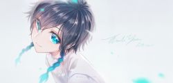 Rule 34 | 1boy, androgynous, black hair, blue hair, braid, closed mouth, collared shirt, commentary, cursive, english commentary, english text, genshin impact, gradient hair, green eyes, highres, light particles, looking at viewer, male focus, multicolored hair, shirt, short hair with long locks, sidelocks, simple background, smile, solo, symbol-only commentary, twin braids, twitter username, venti (genshin impact), white background, white shirt, yue yue1102
