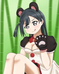 Rule 34 | 1girl, :p, animal ears, animal hands, artist name, artist request, bare legs, black hair, black legwear, blue hair, blush, bow, bowtie, breasts, cleavage, dark blue hair, dress, exciting animal (love live!), female focus, gloves, grey eyes, hand wave, highres, knees up, long hair, looking at viewer, love live!, love live! nijigasaki high school idol club, love live! school idol festival, love live! school idol festival all stars, miniskirt, panda ears, parted lips, paw gloves, plaid, plaid dress, plaid skirt, pleated, pleated dress, pleated skirt, pom pom (clothes), ponytail, puffy short sleeves, puffy sleeves, red bow, short sleeves, side ponytail, sitting, skirt, small breasts, smile, solo, tongue, tongue out, white dress, white skirt, yuuki setsuna (love live!)