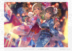Rule 34 | 2girls, artist name, black hair, blue eyes, blurry, blurry background, blush, brown hair, candy apple, cotton candy, fireworks, floral print, food, fox mask, hair ornament, hand fan, highres, holding, holding food, japanese clothes, kimono, mask, mask on head, multiple girls, night, night sky, obi, open mouth, original, outdoors, parted lips, red eyes, sash, scan, short hair, simple background, sky, smile, tomose shunsaku, wide sleeves