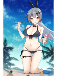 Rule 34 | 1girl, 3boys, bad id, bad pixiv id, beach, bikini, black bikini, blue sky, breasts, brown eyes, cleavage, cloud, collarbone, commission, day, detached collar, five-seven (cruise queen) (girls&#039; frontline), five-seven (girls&#039; frontline), food, giant, giantess, girls&#039; frontline, hair ornament, halterneck, harukana (harukana 10), highres, holding, holding spoon, ice cream, kneeling, large breasts, leg ribbon, long hair, multiple boys, navel, ocean, official alternate costume, open mouth, outdoors, palm tree, ponytail, rabbit hair ornament, ribbon, sand, side-tie bikini bottom, silver hair, skeb commission, skindentation, sky, spoon, stomach, string bikini, sundae, swimsuit, thigh ribbon, thigh strap, tree, wafer stick