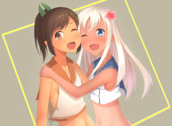 Rule 34 | 10s, 2girls, bad id, bad pixiv id, blue eyes, border, bottomless, brown eyes, brown hair, cheek-to-cheek, crop top, crop top overhang, flower, hair flower, hair ornament, heads together, hug, i-401 (kancolle), kantai collection, long hair, midriff, mitsukichi, multiple girls, navel, one eye closed, open mouth, out-of-frame censoring, ponytail, ro-500 (kancolle), simple background, smile, tan