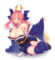 Rule 34 | 10s, 1girl, animal ears, arm support, bare shoulders, blue bow, blue thighhighs, blush, bow, breasts, cameltoe, cleavage, detached sleeves, eyebrows, fang, fate/extra, fate (series), fox ears, full body, groin, hair between eyes, hair bow, highres, kagami uekusa, large breasts, long hair, obi, pink hair, ponytail, sandals, sash, simple background, sitting, solo, tail, tamamo (fate), tamamo no mae (fate/extra), thighhighs, white background, wide sleeves, yellow eyes