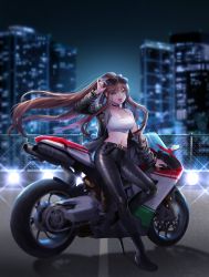 Rule 34 | 1girl, :p, absurdres, alternate costume, artist name, belt, black belt, black choker, black footwear, black jacket, black pants, blurry, blurry background, boots, breasts, brown hair, chain-link fence, choker, commission, crop top, doki doki literature club, ducati 1299 panigale r, eyewear on head, fence, full body, glint, green eyes, hair ribbon, high heel boots, high heels, highres, jacket, long hair, long sleeves, looking at viewer, medium breasts, midriff, monika (doki doki literature club), motor vehicle, motorcycle, navel, night, off shoulder, open clothes, open jacket, open mouth, outdoors, pants, ponytail, potetos7, ribbon, sidelocks, single bare shoulder, solo, spaghetti strap, sunglasses, tongue, tongue out, very long hair, watermark, white ribbon