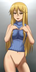 Rule 34 | 1girl, awa, bare arms, bare legs, blonde hair, blush, breasts, covered erect nipples, eyebrows, hands on own chest, highres, highschool of the dead, large breasts, legs, long hair, looking at viewer, marikawa shizuka, navel, no panties, no pussy, parted lips, simple background, sleeveless, smile, solo, standing, sweater, sweater vest, thighs, turtleneck, yellow eyes
