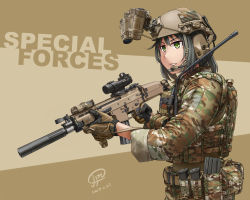 Rule 34 | 1girl, ammunition pouch, assault rifle, black hair, camouflage, combat helmet, commentary, english text, flag, fn scar, gloves, green eyes, gun, gun sling, headset, helmet, highres, holding, holding gun, holding weapon, jpc, laser sight, magazine (weapon), military, military uniform, mole, mole under eye, multicolored pants, night-vision device, original, pants, pouch, rifle, scope, signature, simple background, solo, suppressor, texas flag, uniform, united states army, weapon