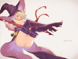 Rule 34 | 10s, 1girl, ass, bad proportions, bare shoulders, blonde hair, boots, breasts, djeeta (granblue fantasy), dress, flat ass, gloves, granblue fantasy, hairband, hat, high heel boots, high heels, koza game, looking at viewer, off shoulder, open mouth, puffy short sleeves, puffy sleeves, purple footwear, purple hat, sash, short hair, short sleeves, smile, solo, staff, thigh boots, thighhighs, warlock (granblue fantasy), white gloves, witch hat, wizard hat