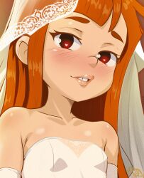 Rule 34 | 1girl, bare shoulders, black eyes, blush, breasts, bride, brown hair, close-up, collarbone, dress, female focus, gloves, heart, heart-shaped pupils, honeyshot, lips, long hair, looking at viewer, parted lips, reggie abbott, small breasts, solo, strapless, strapless dress, symbol-shaped pupils, twelve forever, veil, white dress, white gloves
