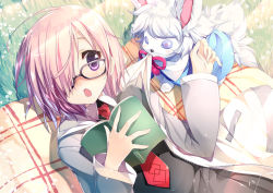 Rule 34 | 1girl, blush, book, fate/grand order, fate (series), fou (fate), glasses, hair over one eye, holding, holding book, looking at viewer, mash kyrielight, necktie, open mouth, purple eyes, purple hair, red necktie, red ribbon, ribbon, shimesaba kohada, short hair