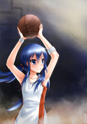 Rule 34 | 1girl, absurdres, armpits, arms up, ball, basketball, basketball (object), basketball uniform, blue eyes, blue hair, elrem, flat chest, highres, long hair, low twintails, matching hair/eyes, playing sports, solo, sportswear, sweat, twintails, wristband