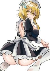 Rule 34 | 1girl, apron, ass, back, back bow, black dress, blonde hair, bow, breasts, dress, from behind, genshin impact, ikurumidwd, long sleeves, looking at viewer, looking back, lumine (genshin impact), maid, maid apron, maid headdress, panties, parted lips, short hair with long locks, solo, thighhighs, underwear, white bow, white panties, white thighhighs, yellow eyes