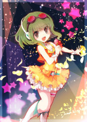 Rule 34 | 1girl, bare shoulders, boots, bridal garter, detached collar, dextral, dress, eyes visible through hair, goggles, goggles on head, green eyes, green hair, gumi, headphones, holding, holding microphone, looking at viewer, microphone, orange vest, short dress, short hair, sleeveless, sleeveless dress, solo, star (symbol), vest, vocaloid, white footwear, wrist cuffs, yellow dress