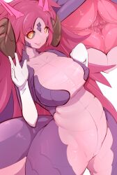 Rule 34 | 1girl, :p, belly, black sclera, breasts, colored sclera, colored skin, extra mouth, female focus, fuhaonan1, highres, horns, large breasts, long hair, looking at viewer, monster girl, multicolored skin, nude, original, pink hair, pink skin, plump, purple skin, pussy, simple background, smile, solo, tail, tail mouth, tongue, tongue out, waving, white background, yellow eyes