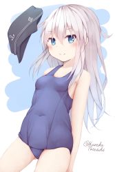 Rule 34 | 1girl, alternate costume, anchor print, blue background, blue eyes, blush, breasts, child, covered navel, flat cap, hair between eyes, hair ornament, hat, hibiki (kancolle), highres, kantai collection, long hair, looking at viewer, one-hour drawing challenge, one-piece swimsuit, school swimsuit, silver hair, small breasts, smile, solo, swimsuit, tateishi kureha, two-tone background, white background