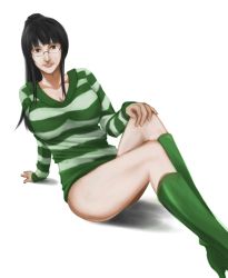Rule 34 | 1girl, arm support, black hair, blunt bangs, boots, breasts, collarbone, female focus, glasses, green footwear, highres, knee boots, large breasts, long hair, long sleeves, looking at viewer, nico robin, no pants, one piece, one piece: strong world, ponytail, reclining, shadow, shirt, shoes, simple background, sitting, solo, striped clothes, striped shirt, striped sweater, sweater, touryou, white background