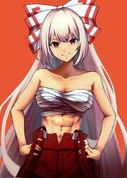 Rule 34 | 1girl, abs, chest sarashi, closed mouth, collarbone, commentary request, cowboy shot, equality taira, fujiwara no mokou, grey hair, highres, long hair, looking at viewer, navel, pants, red background, red eyes, red pants, sarashi, simple background, smile, solo, touhou, very long hair