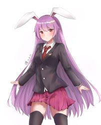 Rule 34 | 1girl, animal ears, black jacket, black thighhighs, blush, closed mouth, collared shirt, cowboy shot, dated, dl lizijiang, hair between eyes, highres, jacket, long hair, long sleeves, looking at viewer, miniskirt, necktie, pink skirt, pleated skirt, purple hair, rabbit ears, red eyes, red necktie, reisen udongein inaba, shirt, simple background, skirt, solo, standing, straight hair, thighhighs, touhou, very long hair, white background, white shirt, wing collar, zettai ryouiki