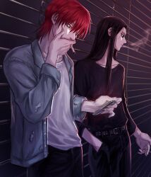 Rule 34 | 2boys, alternate costume, black eyes, casual, cellphone, cigarette, commentary request, hand in pocket, highres, hisoka morow, holding, holding cigarette, hunter x hunter, illumi zoldyck, kann 55, korean commentary, long hair, looking at phone, male focus, multiple boys, outdoors, pants, phone, red hair, shirt, short hair, smartphone, smoke, smoking, yellow eyes