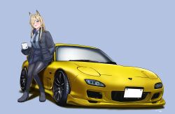 Rule 34 | 1girl, absurdres, animal ear fluff, animal ears, artist name, black footwear, black jacket, black pantyhose, blue archive, blue background, blue eyes, blue necktie, blue shirt, blue skirt, boots, breasts, car, collared shirt, cup, dated, extra ears, hair over one eye, hand in pocket, highres, holding, holding cup, jacket, kanna (blue archive), mazda, mazda rx-7, mazda rx-7 fd, medium breasts, motor vehicle, mug, necktie, one eye covered, pantyhose, parted lips, paw print, saisaki (sankyy377), shadow, shirt, shirt tucked in, skirt, smile, solo, spoiler (automobile), sports car, vehicle focus
