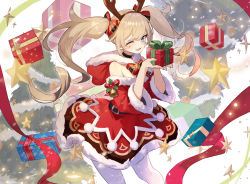 Rule 34 | 1girl, :d, alternate costume, antlers, artist request, barbara (genshin impact), bare shoulders, bell, black ribbon, blonde hair, blue eyes, blush, bow, bowtie, box, christmas, christmas ornaments, christmas present, christmas tree, commentary, cowboy shot, dress, drill hair, fur trim, genshin impact, gift, gift box, gift wrapping, hair ribbon, highres, holding, holding gift, hood, horns, light particles, long hair, looking at viewer, official art, one eye closed, open mouth, pantyhose, red dress, red hood, red ribbon, reindeer antlers, ribbon, smile, snow, solo, star (symbol), starry background, twin drills, twintails, white background, white pantyhose