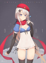 Rule 34 | 1girl, 9a-91 (girls&#039; frontline), arm warmers, artist name, babydoll, beret, black background, black panties, black thighhighs, blue eyes, blue nails, blush, closed mouth, copyright name, cowboy shot, dan (kumadan), dated, girls&#039; frontline, gluteal fold, grey hair, hair between eyes, hair flaps, hair ornament, hand up, hat, heart, light smile, long hair, military hat, nail polish, panties, red scarf, scarf, side-tie panties, signature, smile, solo, standing, star (symbol), star hair ornament, thighhighs, thighs, underwear, very long hair