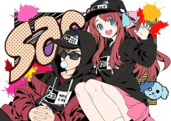Rule 34 | 1boy, 1girl, baseball cap, black headwear, black hoodie, blue bow, blue eyes, bow, brown hair, chewing gum, claw pose, clothes writing, da huang, drawstring, english text, graffiti, hair bow, hat, hood, hood down, hood up, hoodie, interlocked fingers, jacket, long hair, long sleeves, looking at viewer, looking to the side, minamoto sakura, miniskirt, open clothes, open jacket, open mouth, own hands together, paint splatter, pink bow, pink skirt, pleated skirt, polka dot, polka dot bow, print headwear, red hair, red jacket, romero (zombie land saga), short hair, side-by-side, sitting, skirt, smile, sunglasses, tatsumi koutarou, zombie land saga