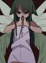 1girl bare_shoulders dress film_grain green_eyes green_hair highres long_hair looking_at_viewer masshutake own_hands_together saya_(saya_no_uta) saya_no_uta smile solo white_dress wings