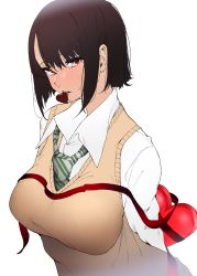 Rule 34 | 1girl, absurdres, arms behind back, blush, brown hair, candy, chocolate, chocolate heart, food, green necktie, hair between eyes, half-closed eyes, hatching (texture), heart, highres, kizukisai, looking at viewer, mouth hold, necktie, original, red eyes, short hair, simple background, solo, sweat, teeth hold, valentine, white background