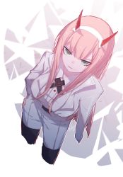 Rule 34 | 1girl, blazer, breasts, cowboy shot, cropped legs, darling in the franxx, dress shirt, dutch angle, formal, green eyes, hairband, hand on own hip, highres, horns, jacket, long hair, looking at viewer, medium breasts, necktie, pants, pantyhose, parted lips, pink hair, shirt, smile, solo, suit, sylvia (huajiuhuajiu), thighhighs, white background, white hairband, white jacket, white pants, white shirt, zero two (darling in the franxx)