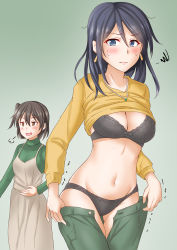 Rule 34 | 2girls, anti (untea9), black bra, black panties, blue eyes, blue hair, blush, bra, breasts, brown eyes, brown hair, closed mouth, commentary request, cosplay, costume switch, earrings, gradient background, green background, green pants, green shirt, green sweater, highres, hiryuu (kancolle), jewelry, kantai collection, long sleeves, medium breasts, medium hair, multiple girls, navel, necklace, open mouth, panties, pants, shirt, short hair, smile, souryuu (kancolle), stomach, sweater, underwear, yellow shirt, yellow sweater