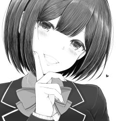 Rule 34 | 1girl, absurdres, blazer, bow, finger to mouth, fingernails, greyscale, grin, hair between eyes, hand up, head tilt, heart, highres, jacket, long sleeves, looking at viewer, monochrome, nijisanji, school uniform, shirt, shizuka rin, short hair, simple background, smile, solo, temari rin, upper body, virtual youtuber, white background