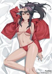 Rule 34 | 1girl, animal ears, arknights, arm up, bare shoulders, bed sheet, bikini, black hair, collarbone, commentary request, groin, highres, long hair, long sleeves, lying, navel, on back, orange eyes, parted lips, ponytail, red bikini, red shirt, shirt, sidelocks, siguya, solo, stomach, swimsuit, tail, texas (arknights), thighs, wolf ears, wolf tail